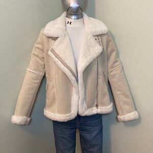 Women's Beige Faux Shearling Bomber Jacket